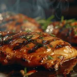 Juicy grilled chicken breasts garnished with fresh herbs and lemon slices.