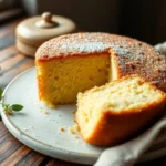Light golden sponge cake topped with a dusting of powdered sugar on a white plate.