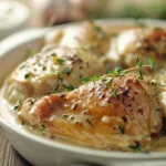 A tantalizing close-up of creamy garlic chicken, showcasing its luscious sauce glistening in the light, with tender, golden-brown pieces nestled in vibrant green parsley.