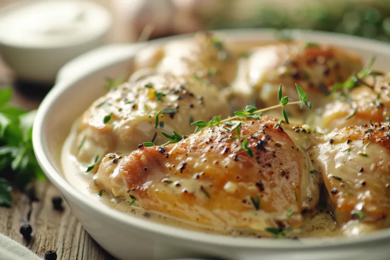 A tantalizing close-up of creamy garlic chicken, showcasing its luscious sauce glistening in the light, with tender, golden-brown pieces nestled in vibrant green parsley.